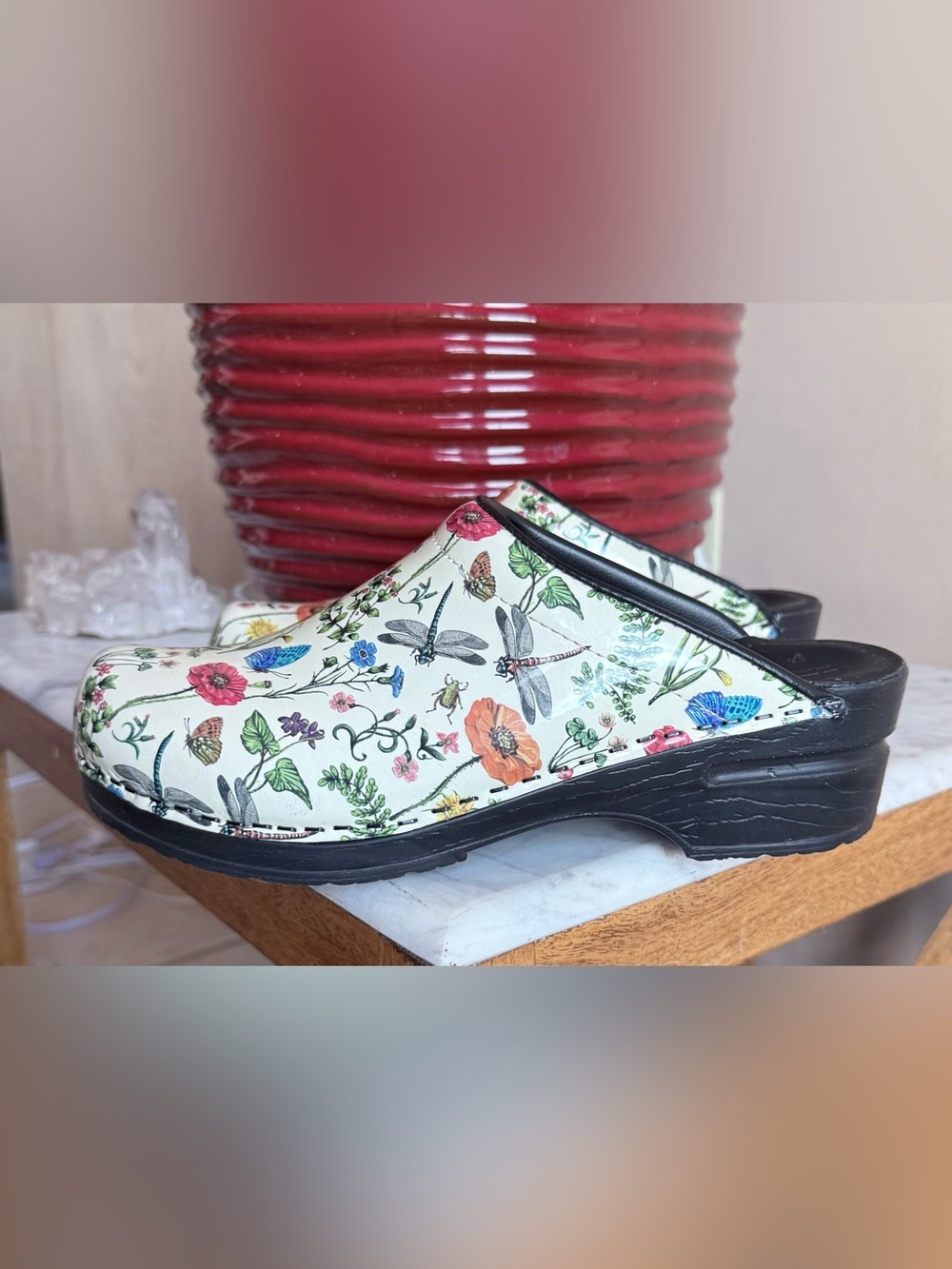 Bjork Dahlia Botanical Print Leather Clogs Open Back Women’s EU 40 Like New
